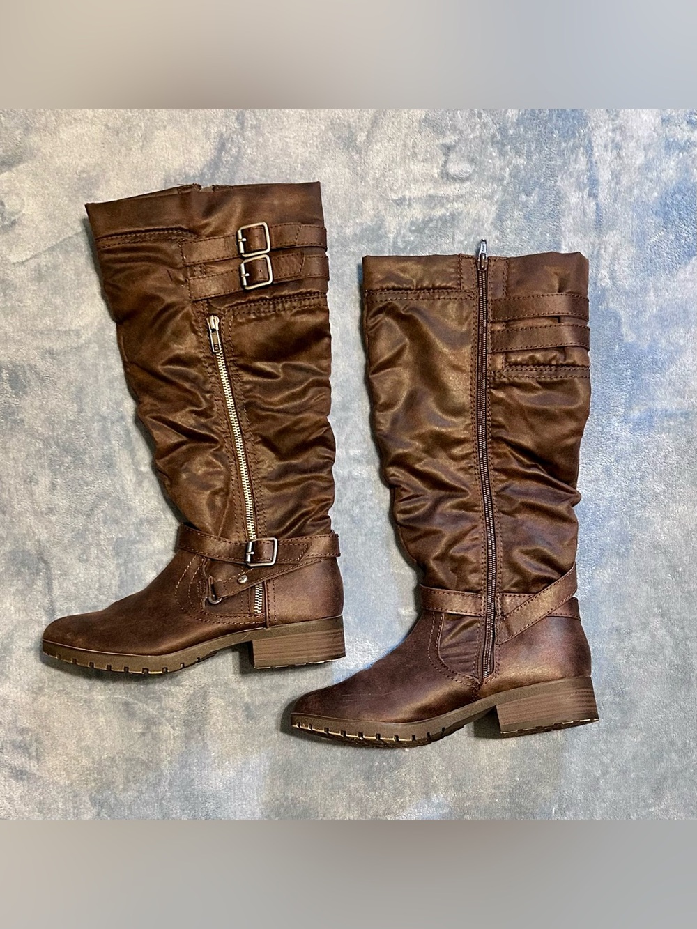 Women's Brown Mid-Calf Buckle Heeled Boots
